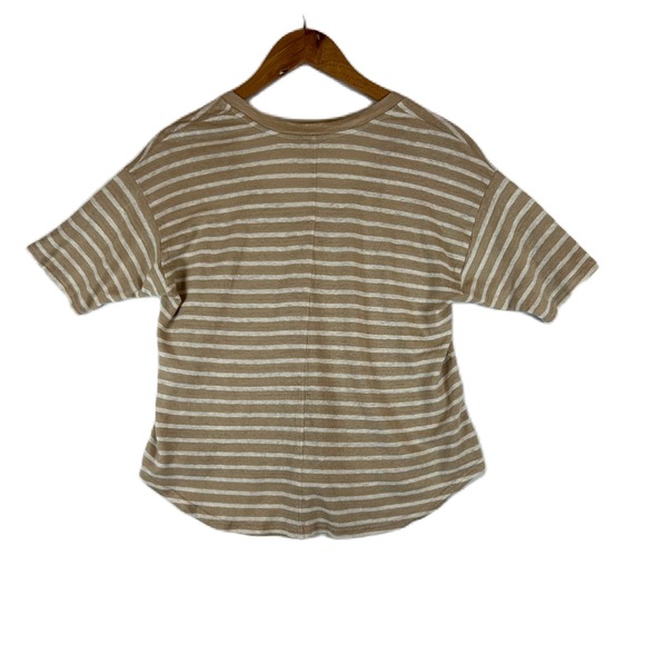 Faherty Womens Tan White Stripe 100% Oceanside Linen V-Neck Short Sleeve Tee XS - Picture 2 of 11